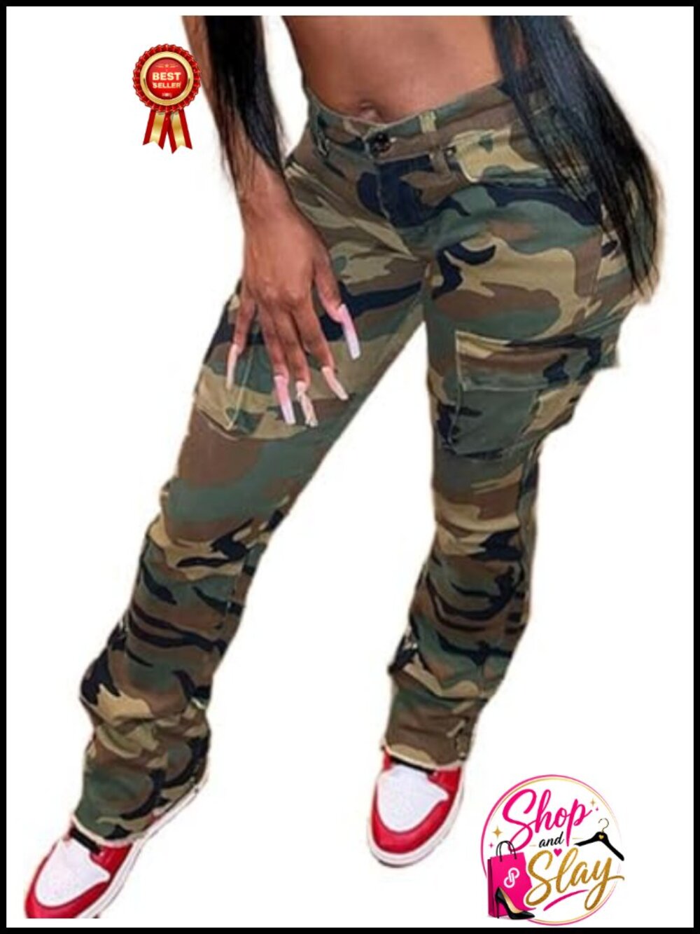 Camo Cargo Jogger Pants High Waisted Slim Fit Ankle Length Women's